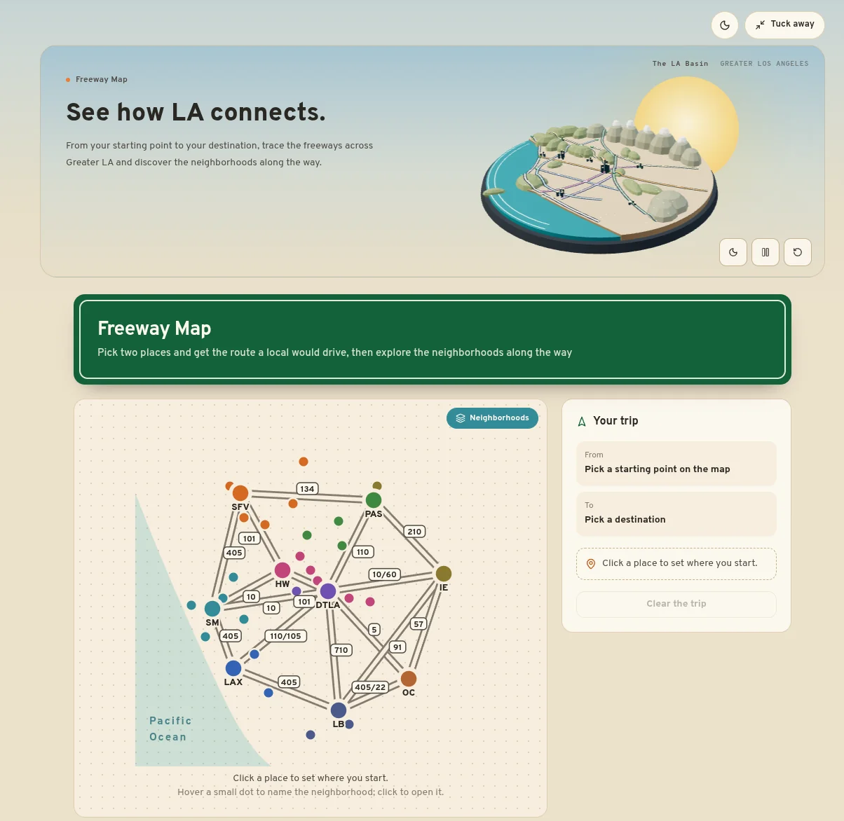 The freeway map where you can pick a starting point and destination across Greater LA